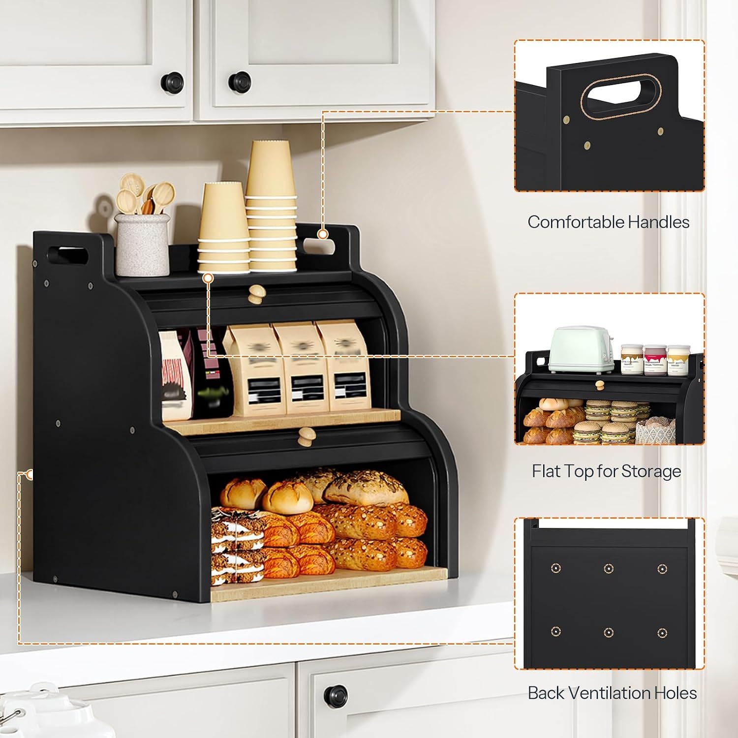 image:imageHOOBRO Bread Box Bamboo Bread Box for Kitchen Countertop 2Tier RollTop Bread Bin Food Storage Box Bamboo Storage Cabinet with Handles for Kitchen Dining Room Black BK15MB01Black