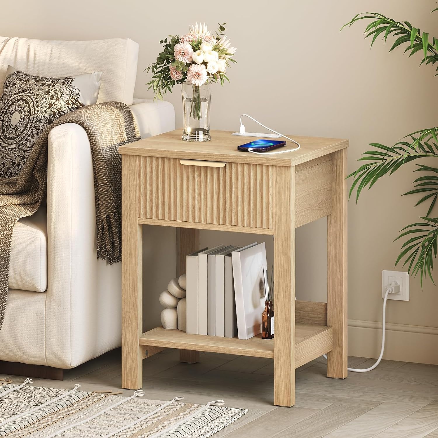 image:imageHOOBRO Fluted Nightstand with Charging Station Small End Table Wooden Bedside Table 2 AC Outlets 1 USB amp 1 TypeC Port Modern End Table with Drawer amp Open Shelf for Bedroom Living Room2