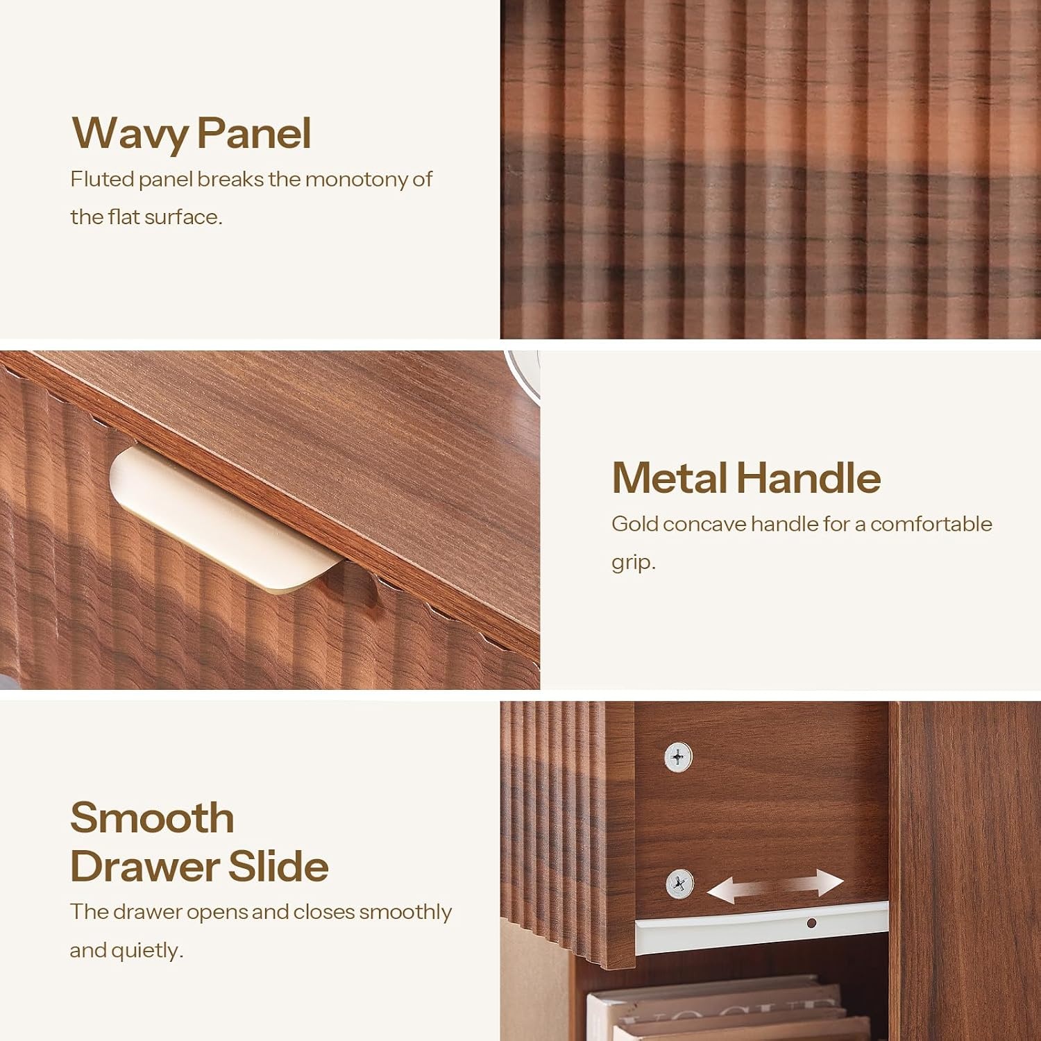 image:imageHOOBRO Fluted Nightstands Set of 2 Modern Bedside Tables with 1 Drawer and 1 Open Compartment Wooden End Tables with Metal Handle for Bedroom and Office Walnut WL208BZP201Walnut