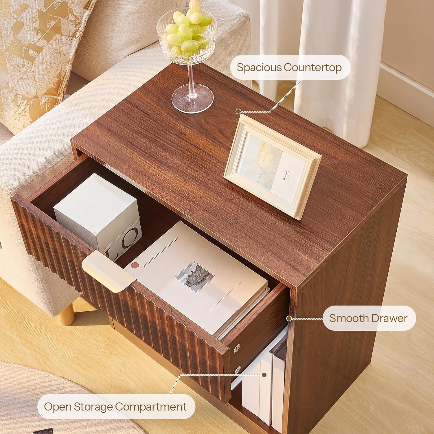 image:imageHOOBRO Fluted Nightstands Set of 2 Modern Bedside Tables with 1 Drawer and 1 Open Compartment Wooden End Tables with Metal Handle for Bedroom and Office Walnut WL208BZP201Walnut