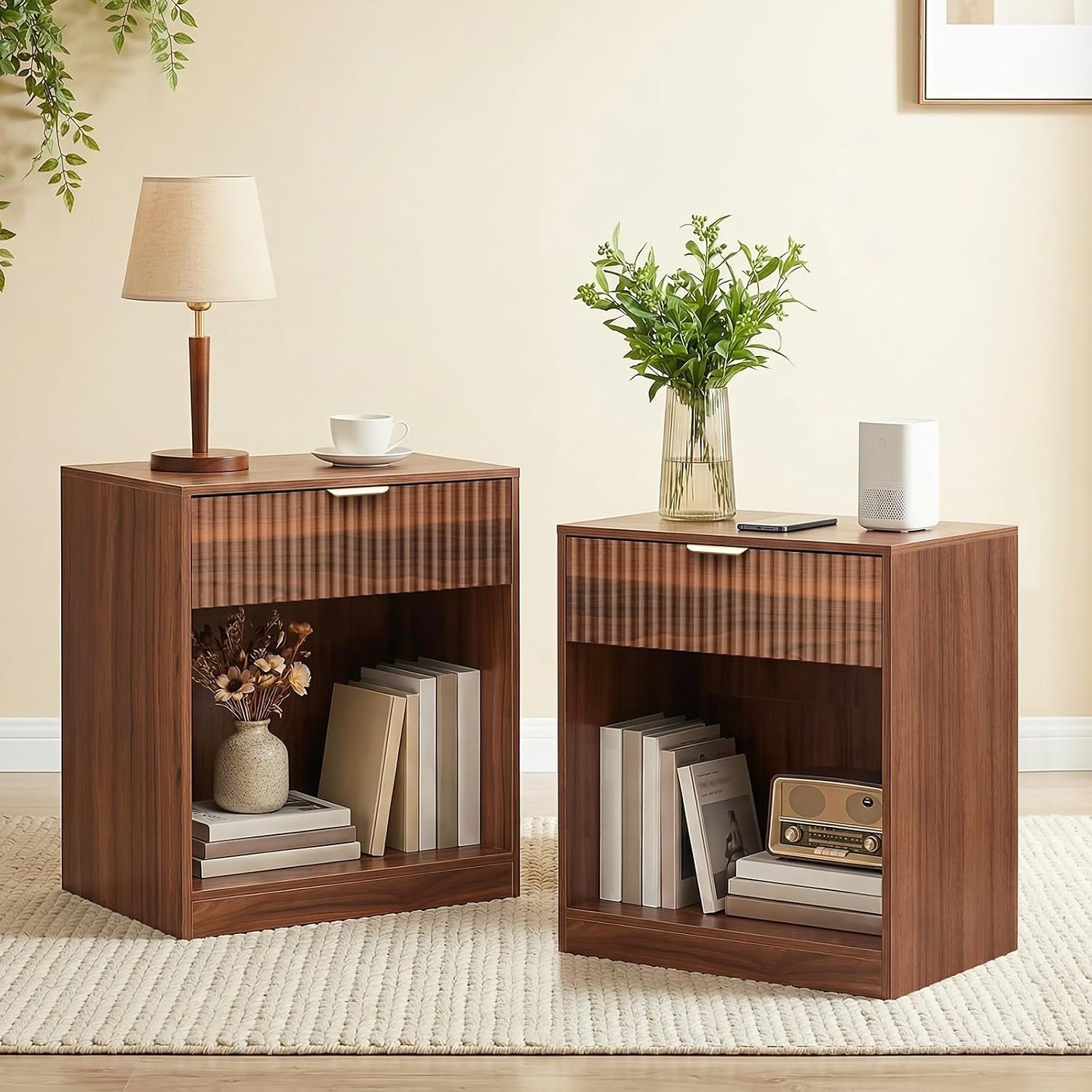 image:imageHOOBRO Fluted Nightstands Set of 2 Modern Bedside Tables with 1 Drawer and 1 Open Compartment Wooden End Tables with Metal Handle for Bedroom and Office Walnut WL208BZP201Walnut