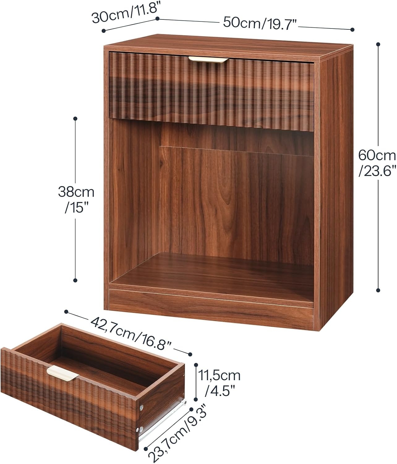 image:imageHOOBRO Fluted Nightstands Set of 2 Modern Bedside Tables with 1 Drawer and 1 Open Compartment Wooden End Tables with Metal Handle for Bedroom and Office Walnut WL208BZP201Walnut