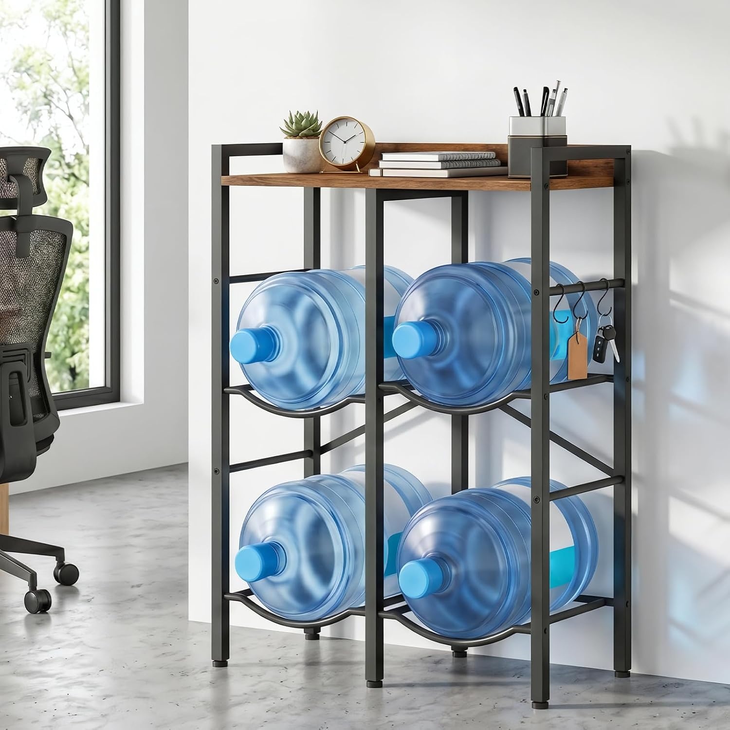 image:imageHOOBRO 5 Gallon Water Jug Holder 4 Bottles Water Jug Rack 2 Tier Water Bottle Holder with XShape Reinforcement for Kitchen Living Room Office Rustic Brown and Black BF04ST01Rustic Brown Black