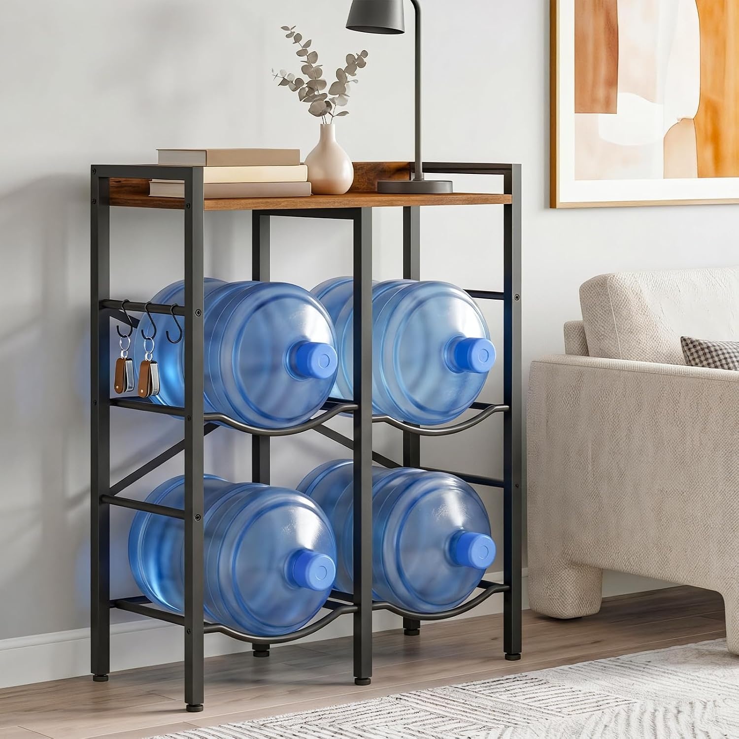 image:imageHOOBRO 5 Gallon Water Jug Holder 4 Bottles Water Jug Rack 2 Tier Water Bottle Holder with XShape Reinforcement for Kitchen Living Room Office Rustic Brown and Black BF04ST01Rustic Brown Black