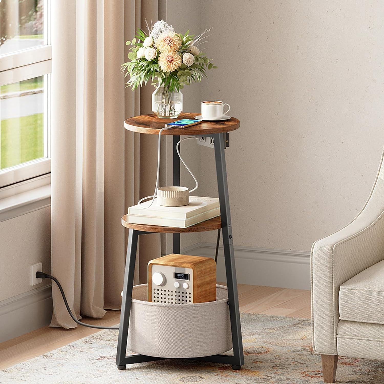 image:imageHOOBRO Small Round Side Table with Charging Station Round End Table with Cotton Linen Storage Basket Compact Sofa Side Table Nightstand for Small Space Corner Living Room Rustic Brown BF169UBZ01Rustic Brown Black