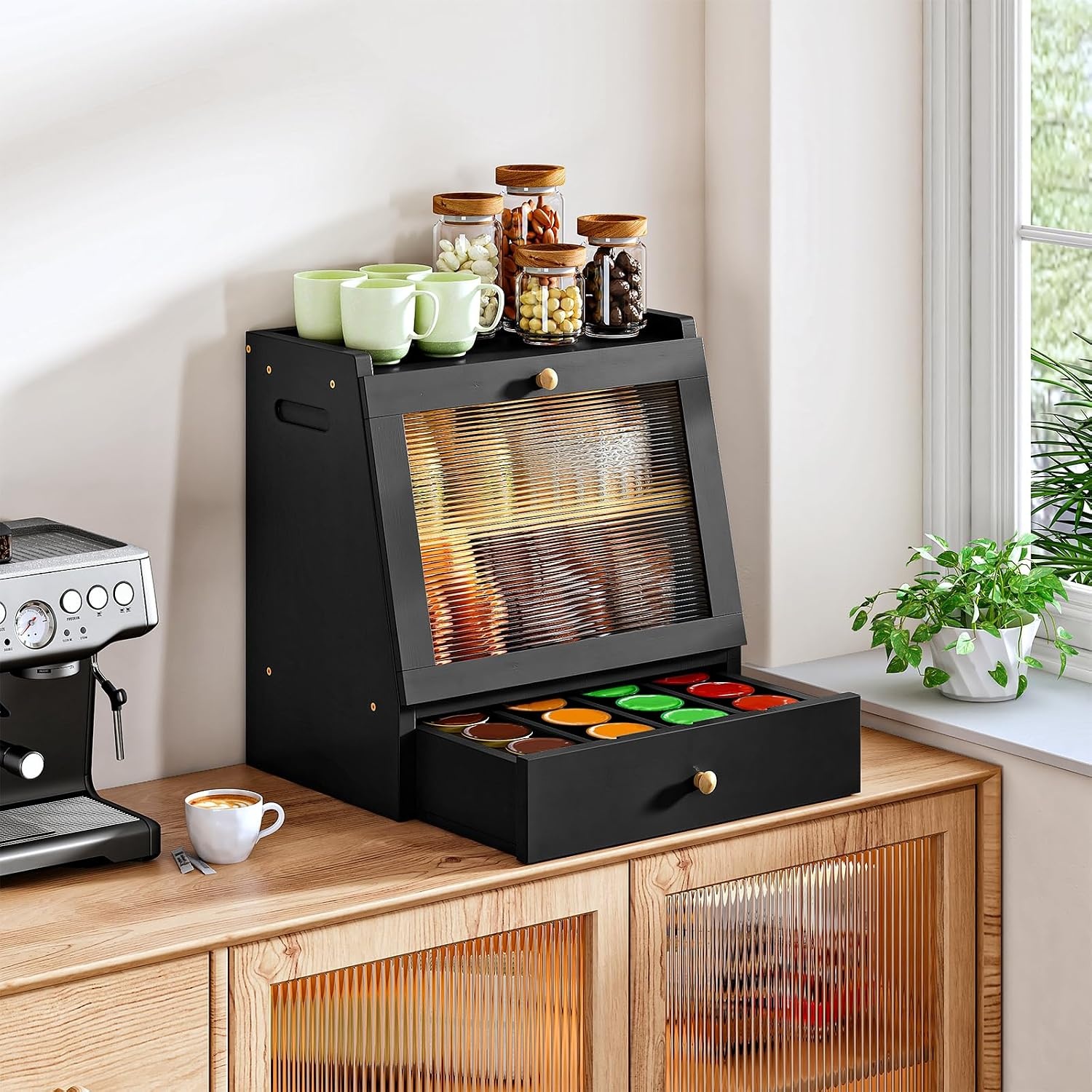 image:imageHOOBRO Bread Box Bamboo Bread Box for Kitchen Countertop 2Tier Bread Storage Container with Drawer Bamboo Food Cabinet with Acrylic Door for Kitchen Dining Room Black BK21MB01Black