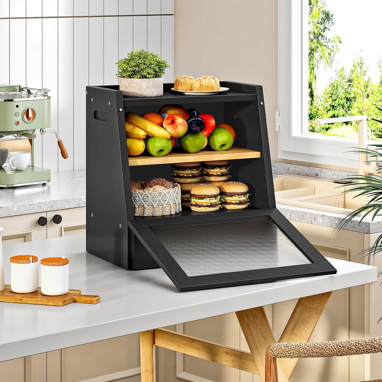 image:imageHOOBRO Bread Box Bamboo Bread Box for Kitchen Countertop 2Tier Bread Storage Container with Drawer Bamboo Food Cabinet with Acrylic Door for Kitchen Dining Room Black BK21MB01Black