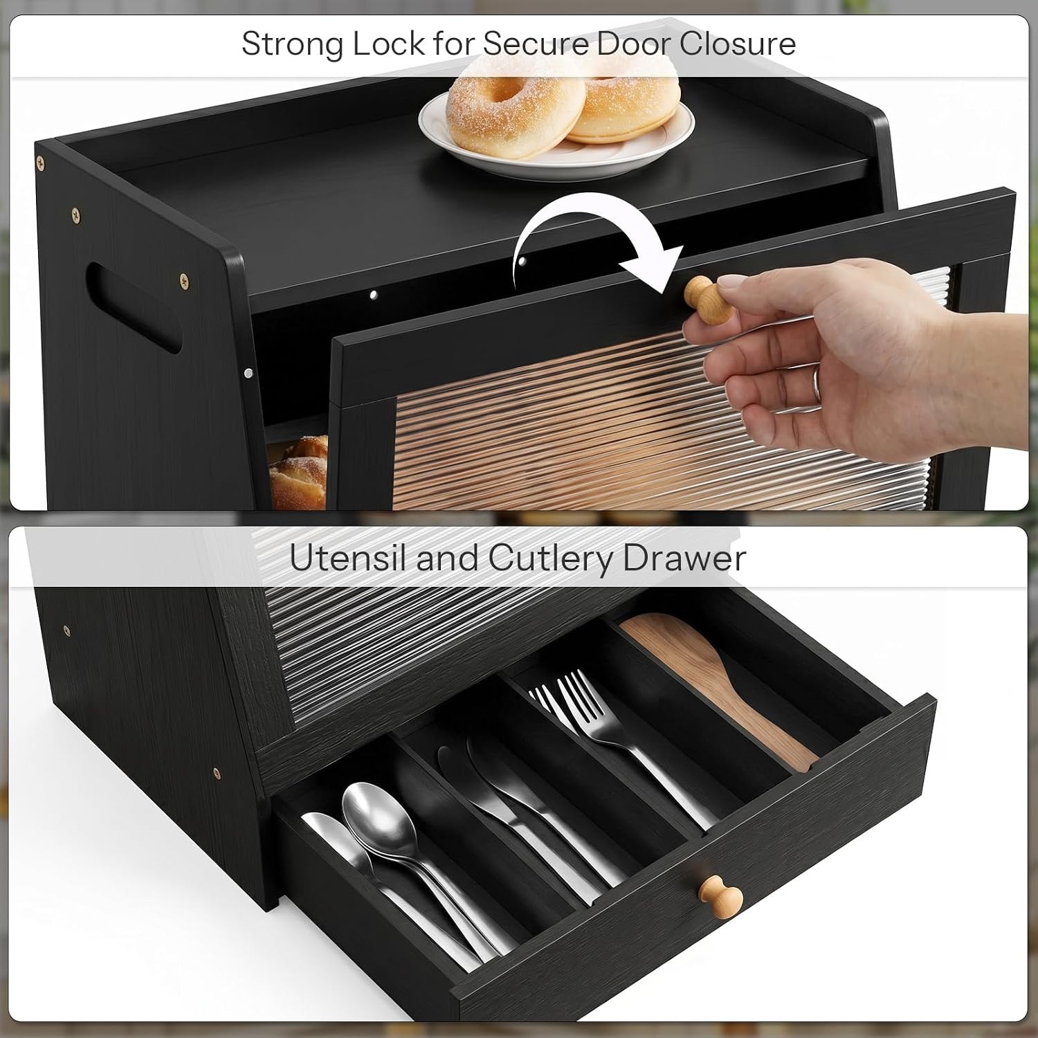 image:imageHOOBRO Bread Box Bamboo Bread Box for Kitchen Countertop 2Tier Bread Storage Container with Drawer Bamboo Food Cabinet with Acrylic Door for Kitchen Dining Room Black BK21MB01Black