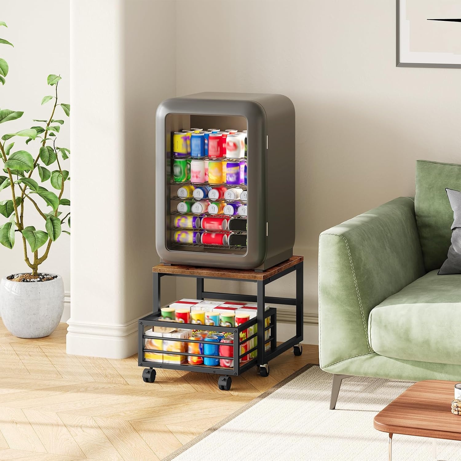 image:imageHOOBRO End Table Mini Fridge Stand with Storage Mini Fridge Table with Wheels and Adjustable Feet Sturdy Metal Frame for Living Room Bedroom Office White and Natural WN155TL01Rustic Brown