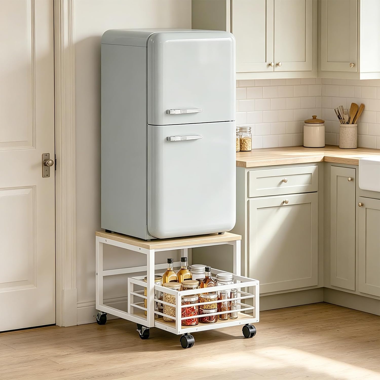 image:imageHOOBRO End Table Mini Fridge Stand with Storage Mini Fridge Table with Wheels and Adjustable Feet Sturdy Metal Frame for Living Room Bedroom Office White and Natural WN155TL01White Natural