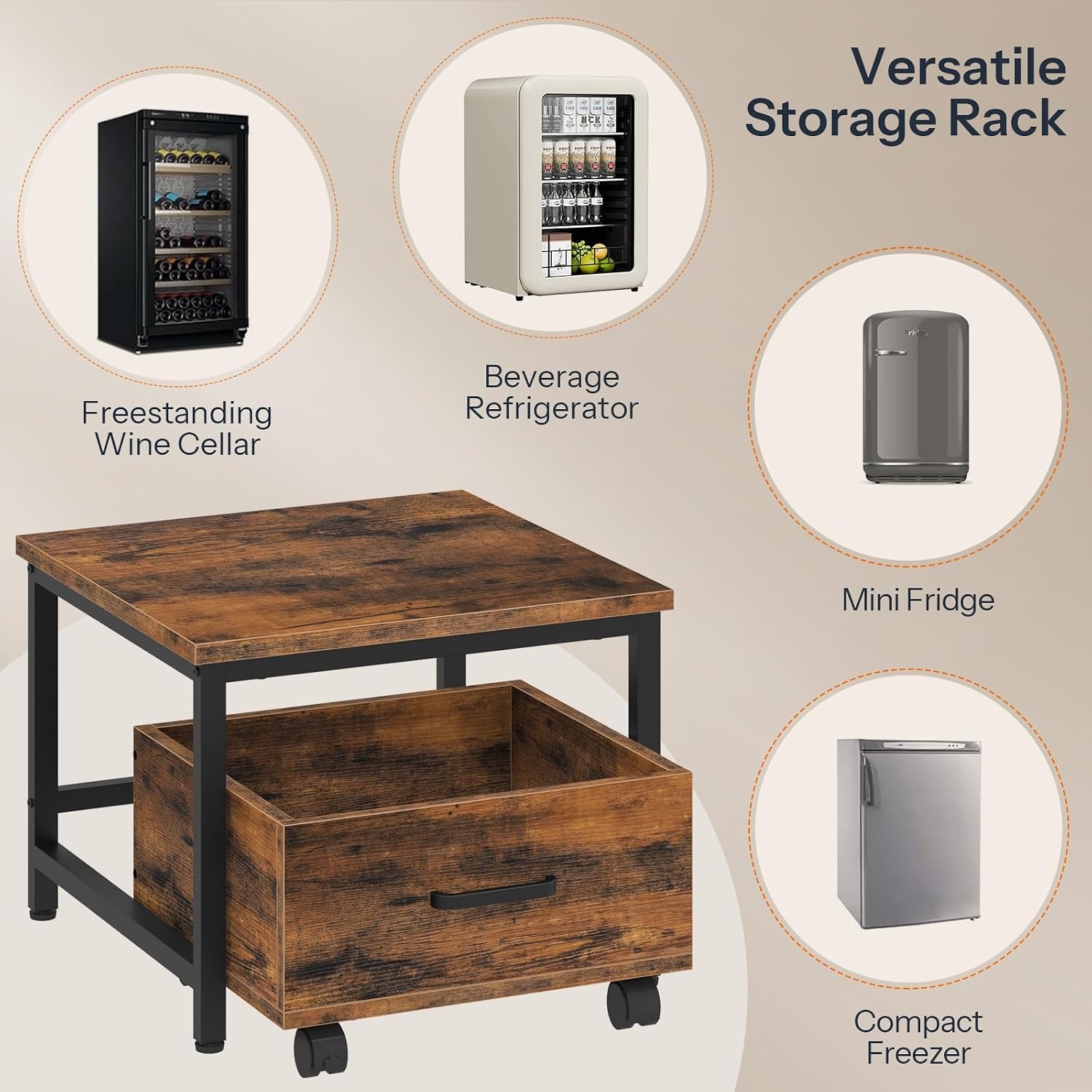 image:imageHOOBRO Mini Fridge Stand with Storage Basket Mini Fridge Cabinet with Wheels Mini Fridge Table Sturdy Metal Frame for Home Office Dorm Rustic Brown and Black BF03BX01