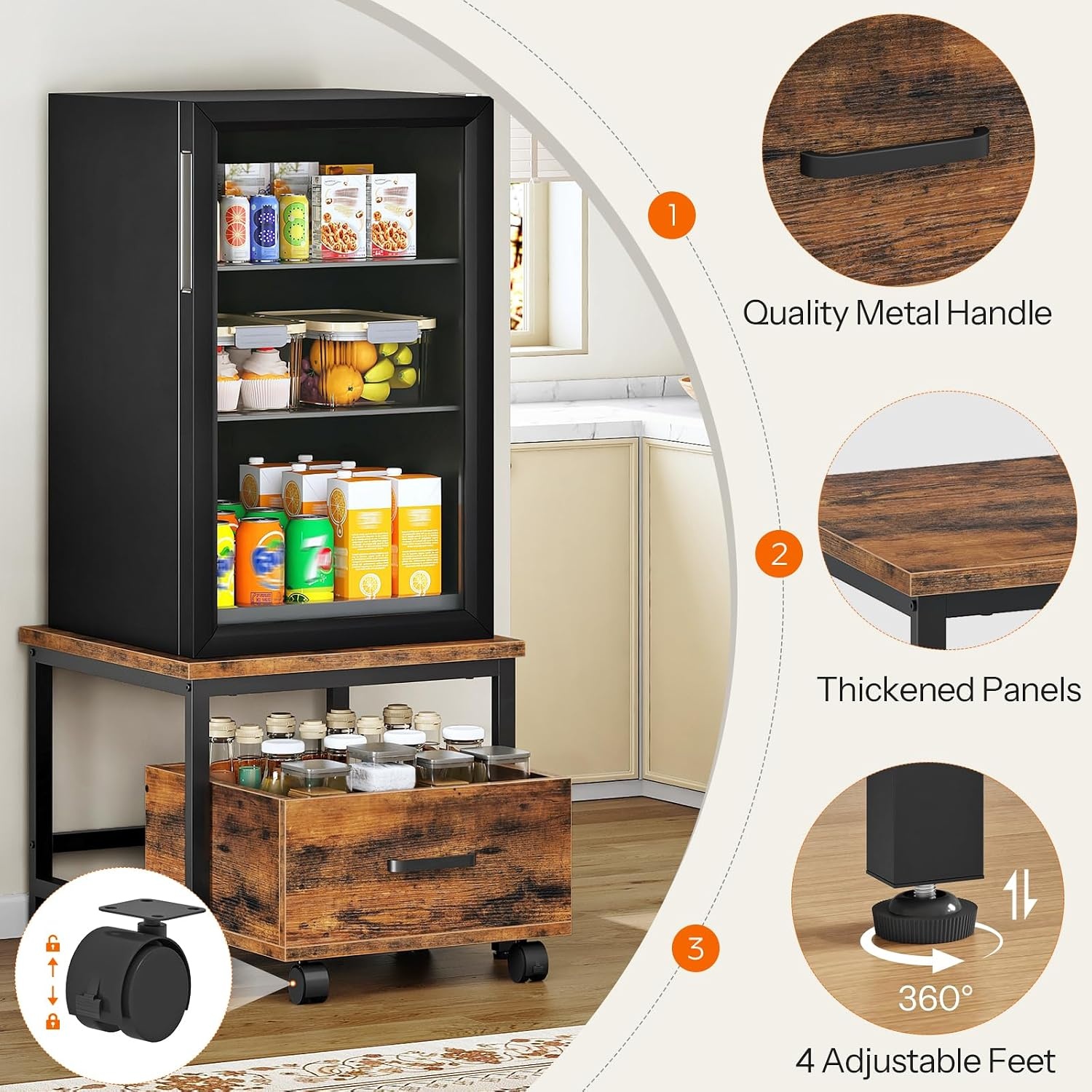 image:imageHOOBRO Mini Fridge Stand with Storage Basket Mini Fridge Cabinet with Wheels Mini Fridge Table Sturdy Metal Frame for Home Office Dorm Rustic Brown and Black BF03BX01