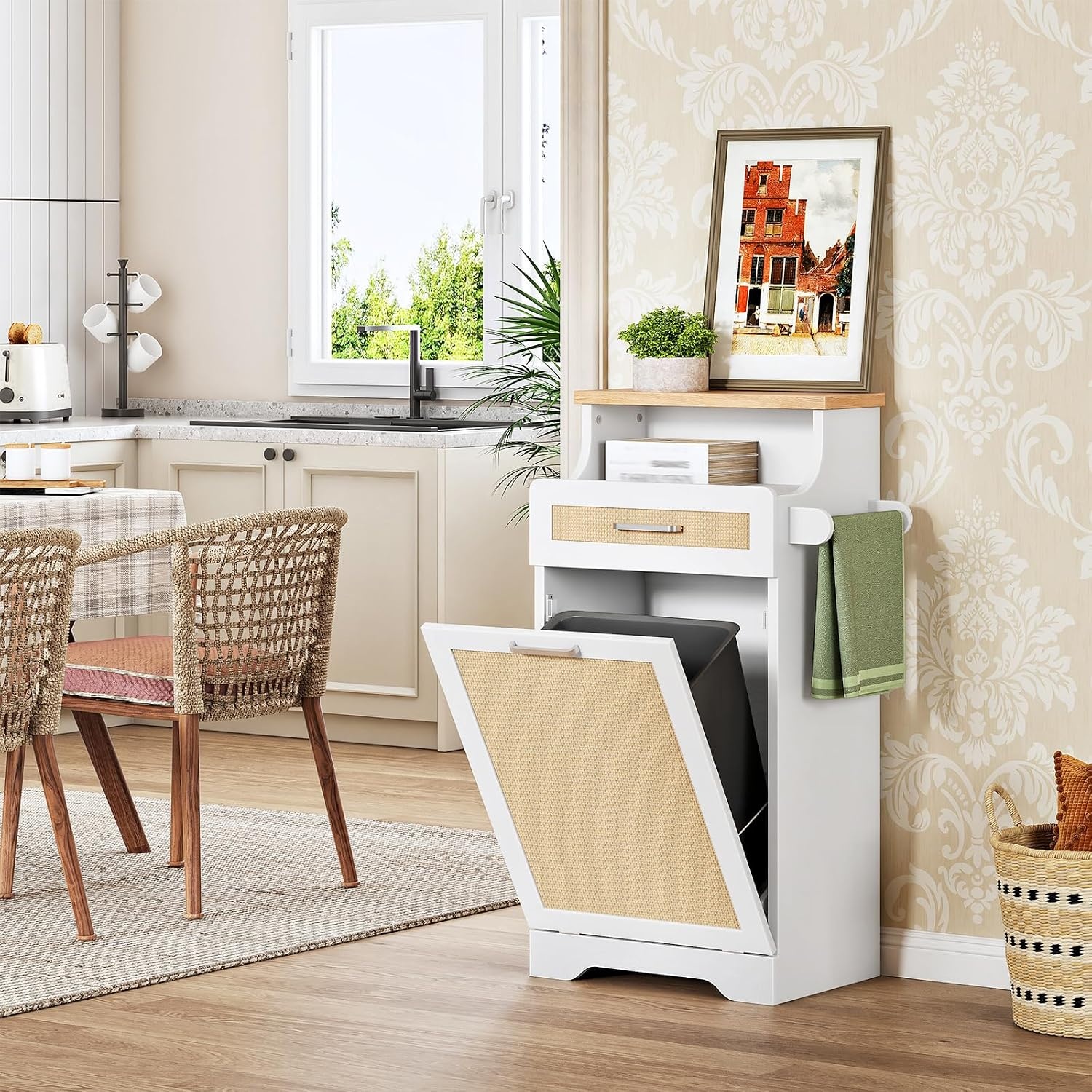 image:imageHOOBRO 10 Gallon Tilt Out Trash Can Cabinet RattanStyle Trash Bin Organizer with Towel Rack Hidden Laundry Hamper Cabinet with Drawer for Kitchen Dining Room White and Natural WN07LJ01