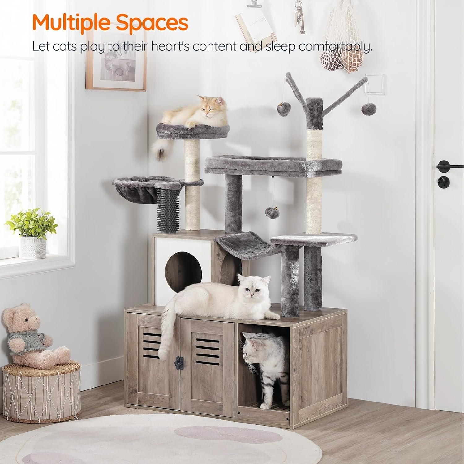 image:imageHOOBRO Large Hidden Litter Box Cat Tree with 307 Long Litter Box Enclosure Modern Cat Tower Cat Condos with Scratching Posts Rubbing Post Hammock and Teaser Sticks Greige BG28MZ03G1