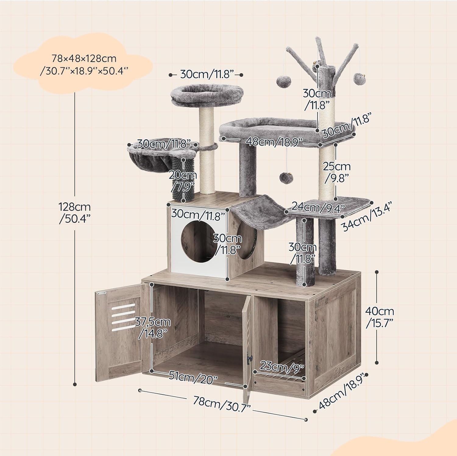 image:imageHOOBRO Large Hidden Litter Box Cat Tree with 307 Long Litter Box Enclosure Modern Cat Tower Cat Condos with Scratching Posts Rubbing Post Hammock and Teaser Sticks Greige BG28MZ03G1