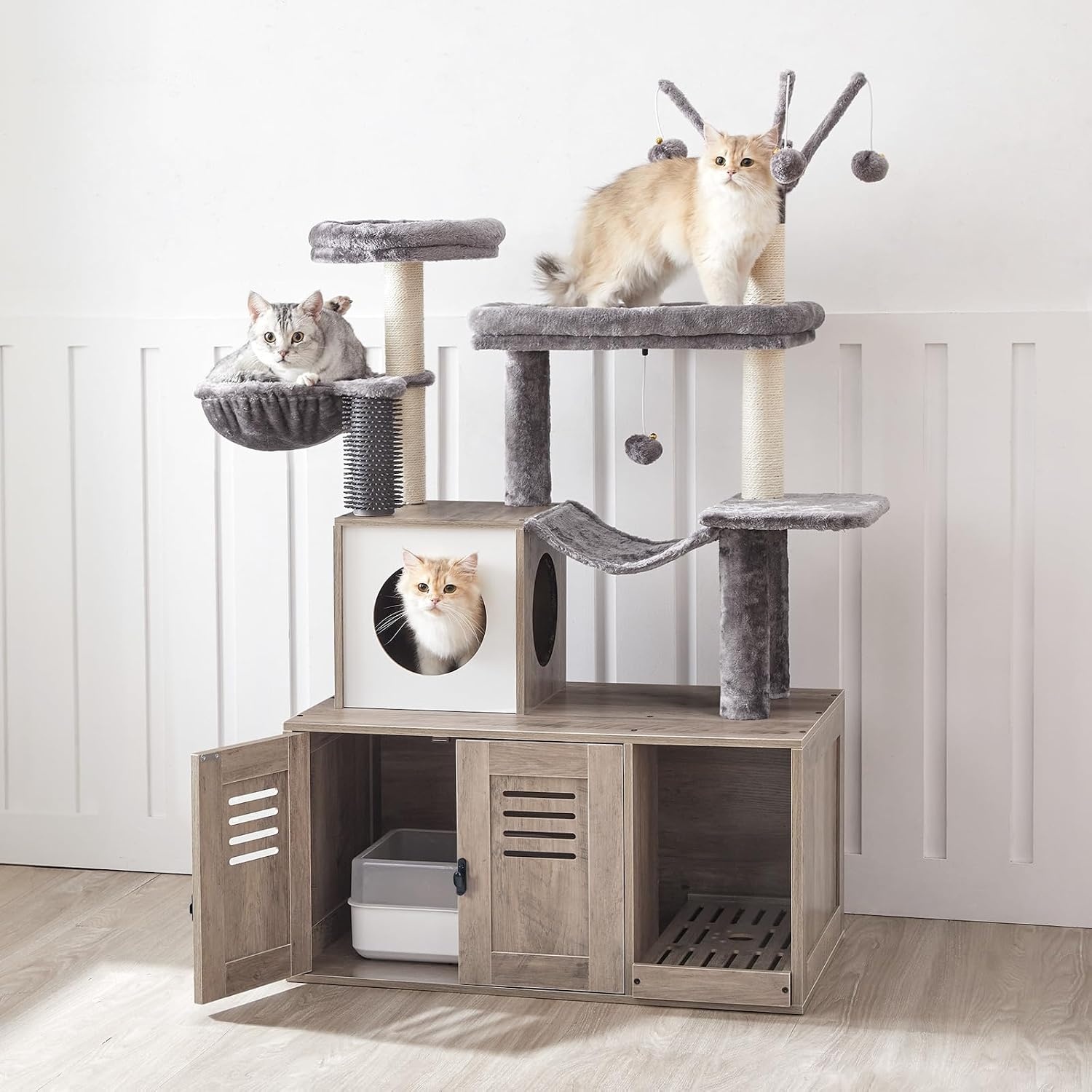 image:imageHOOBRO Large Hidden Litter Box Cat Tree with 307 Long Litter Box Enclosure Modern Cat Tower Cat Condos with Scratching Posts Rubbing Post Hammock and Teaser Sticks Greige BG28MZ03G1