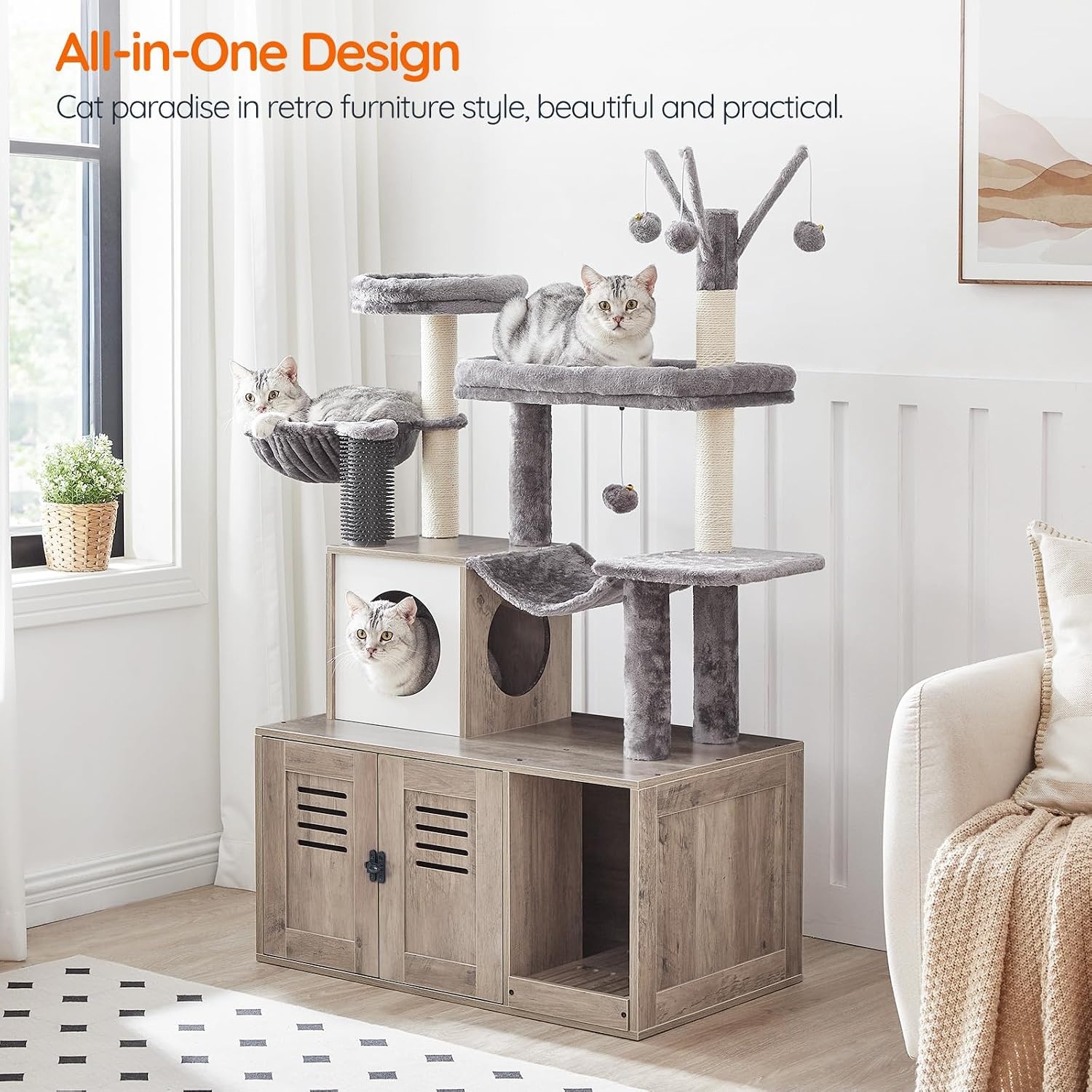 image:imageHOOBRO Large Hidden Litter Box Cat Tree with 307 Long Litter Box Enclosure Modern Cat Tower Cat Condos with Scratching Posts Rubbing Post Hammock and Teaser Sticks Greige BG28MZ03G1
