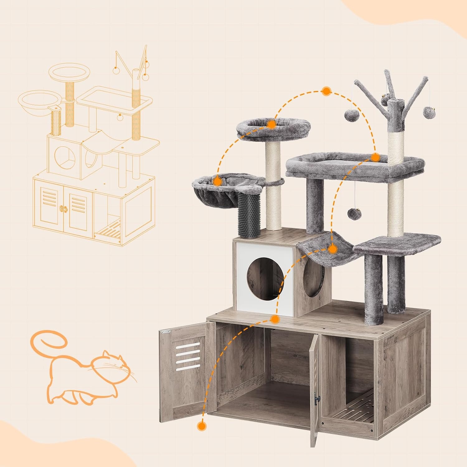 image:imageHOOBRO Large Hidden Litter Box Cat Tree with 307 Long Litter Box Enclosure Modern Cat Tower Cat Condos with Scratching Posts Rubbing Post Hammock and Teaser Sticks Greige BG28MZ03G1