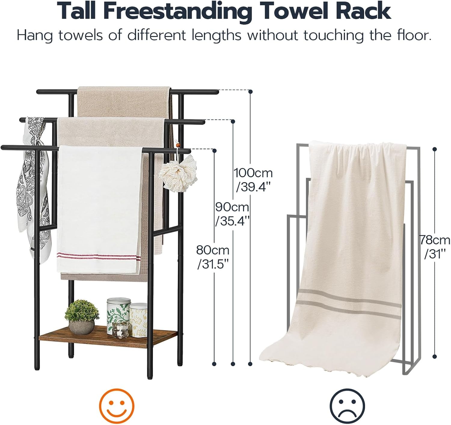 image:imageHOOBRO 394 Tall Freestanding Towel Rack for Bathroom 3 Tier Stepped Blanket Rack with Shelf Oversized Bath Towels Drying and Display Rack Black and Rustic Brown BF50LB01Rustic Brown Black