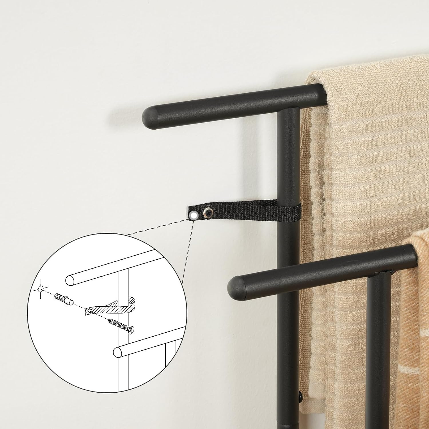 image:imageHOOBRO 394 Tall Freestanding Towel Rack for Bathroom 3 Tier Stepped Blanket Rack with Shelf Oversized Bath Towels Drying and Display Rack Black and Rustic Brown BF50LB01Rustic Brown Black