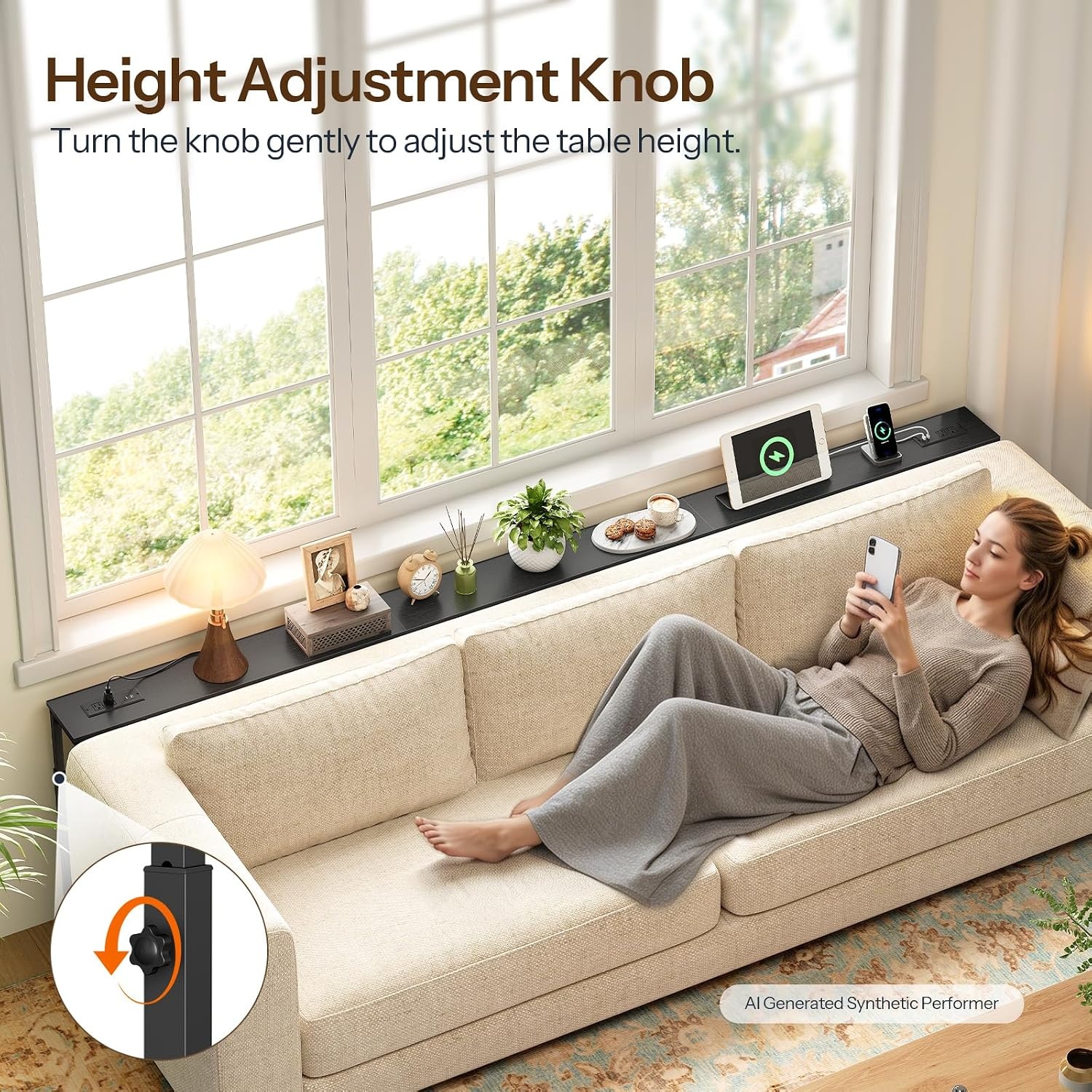 image:imageHOOBRO 1023 Inch Narrow Console Table with Adjustable Height 255334 59 Sofa Table with Power Outlets Skinny Behind Couch Table for Small Spaces Black BB260UXG01Black