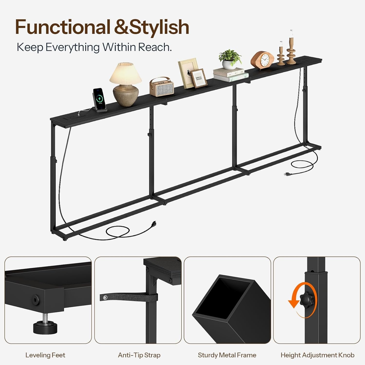 image:imageHOOBRO 1023 Inch Narrow Console Table with Adjustable Height 255334 59 Sofa Table with Power Outlets Skinny Behind Couch Table for Small Spaces Black BB260UXG01Black