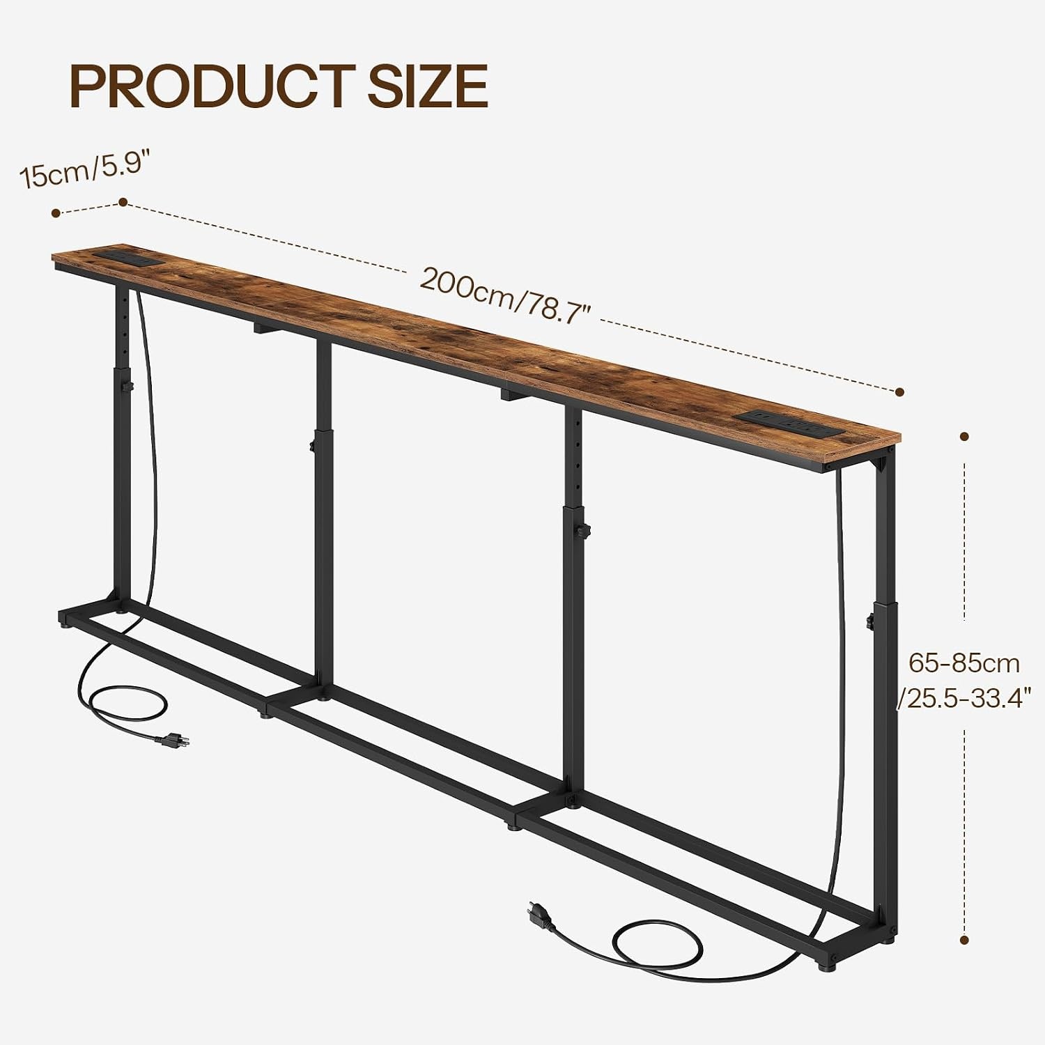 image:imageHOOBRO 1023 Inch Narrow Console Table with Adjustable Height 255334 59 Sofa Table with Power Outlets Skinny Behind Couch Table for Small Spaces Black BB260UXG01Rustic Brown Black