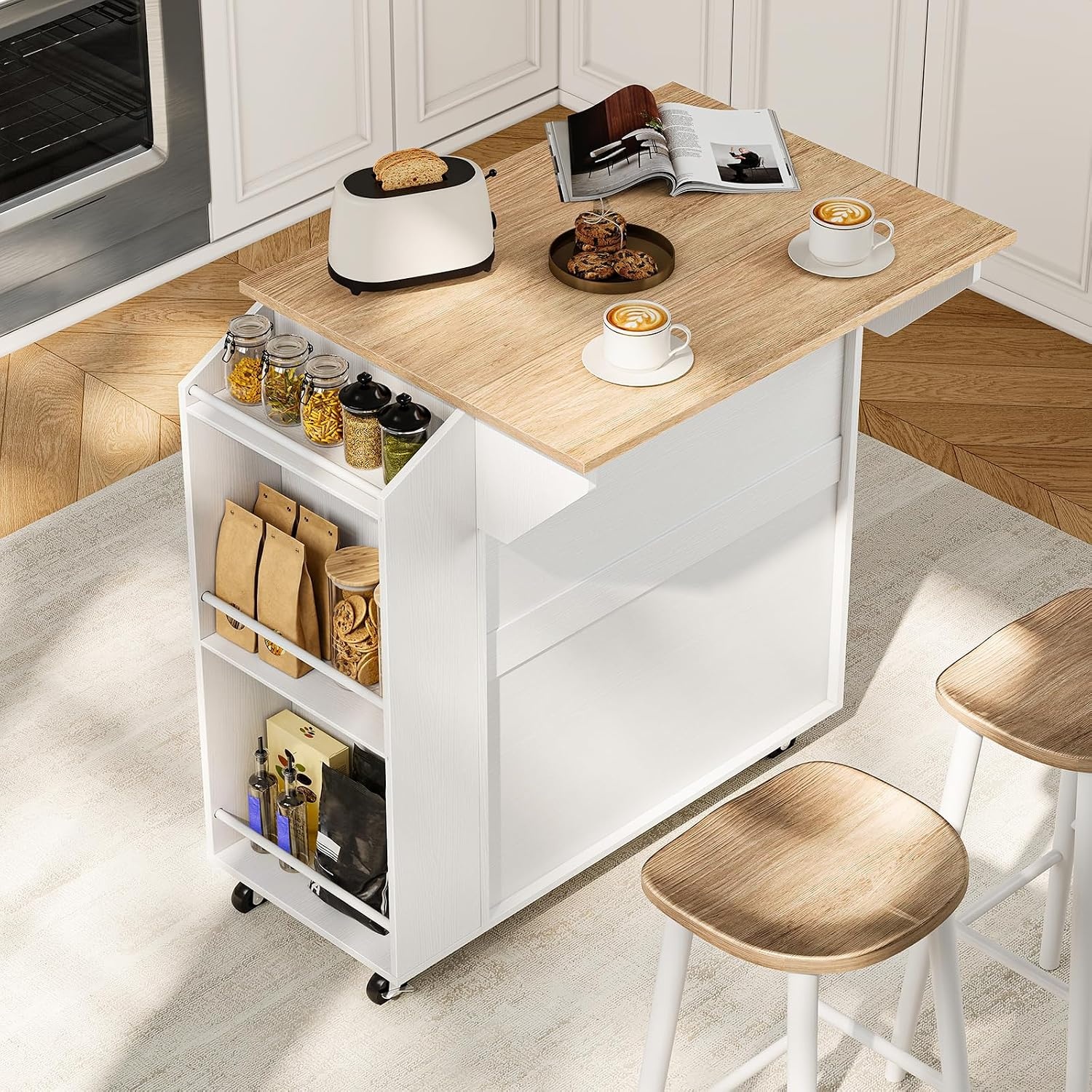 image:imageHOOBRO Kitchen Island with Drop Leaf Rolling Kitchen Island Cart on Wheels Kitchen Island on Wheels with Drawer amp Spice Rack Island Table with Adjustable Shelves Kitchen Storage Cart wtih Towel Rack