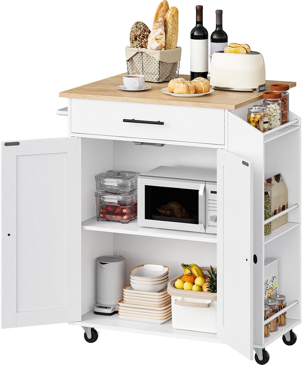 image:imageHOOBRO Kitchen Island with Drop Leaf Rolling Kitchen Island Cart on Wheels Kitchen Island on Wheels with Drawer amp Spice Rack Island Table with Adjustable Shelves Kitchen Storage Cart wtih Towel Rack