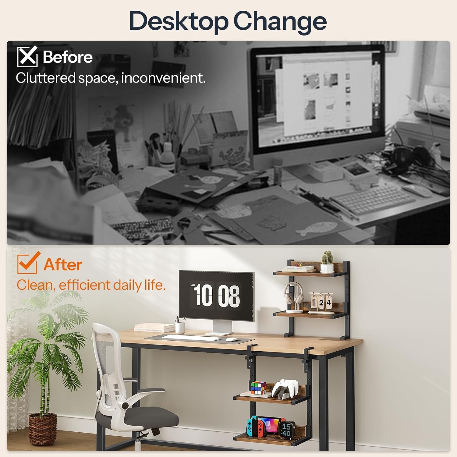 image:imageHOOBRO Clamp On Desk Shelf 2Tier Desktop Organizer SpaceSaving Desk Shelf with Adjustable Shelves for Office Study Entertainment Accessories Rustic Brown and Black BF32SJ01Rustic Brown Black