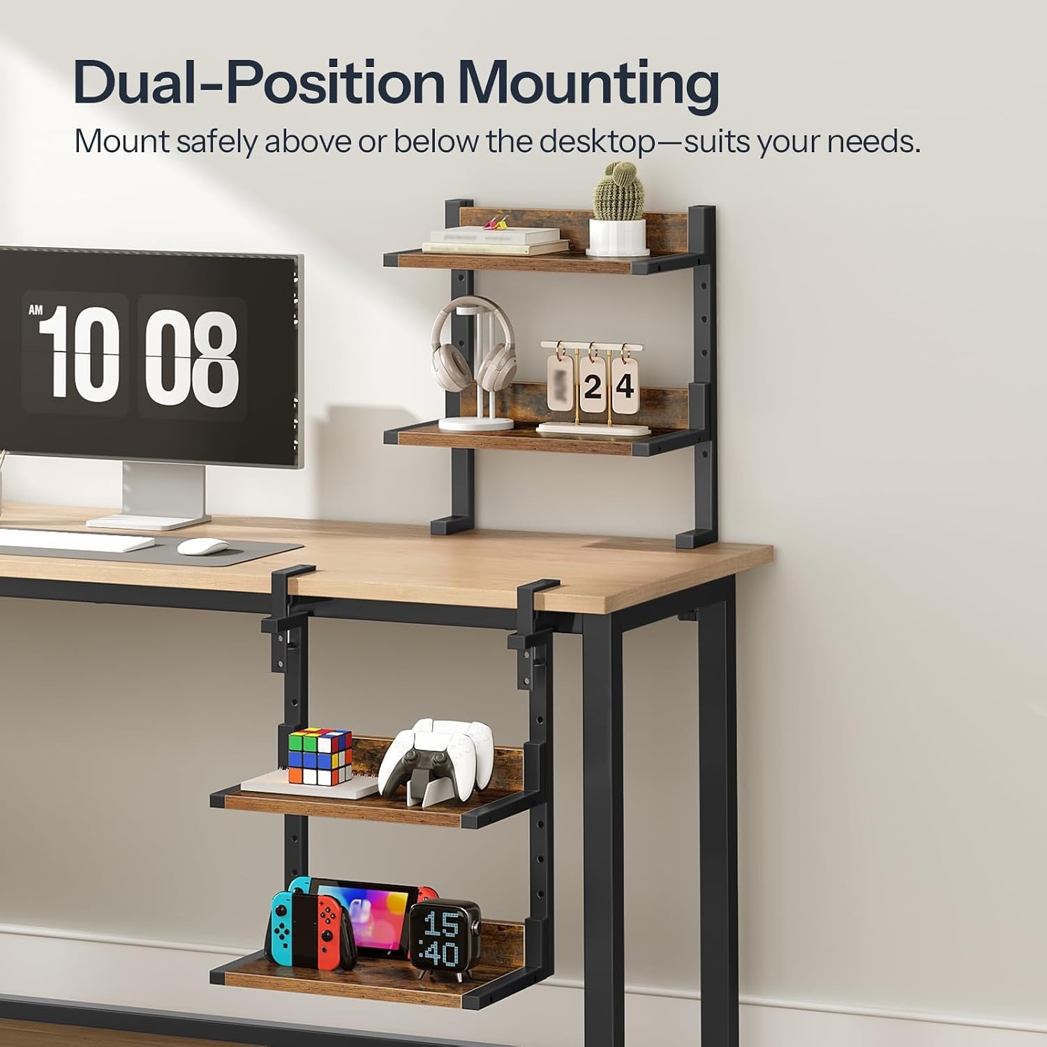 image:imageHOOBRO Clamp On Desk Shelf 2Tier Desktop Organizer SpaceSaving Desk Shelf with Adjustable Shelves for Office Study Entertainment Accessories Rustic Brown and Black BF32SJ01Rustic Brown Black