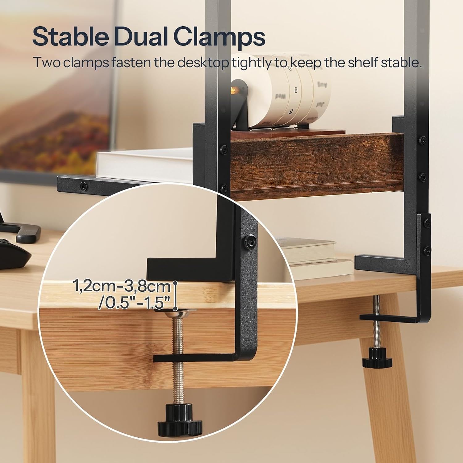 image:imageHOOBRO Clamp On Desk Shelf 2Tier Desktop Organizer SpaceSaving Desk Shelf with Adjustable Shelves for Office Study Entertainment Accessories Rustic Brown and Black BF32SJ01Rustic Brown Black
