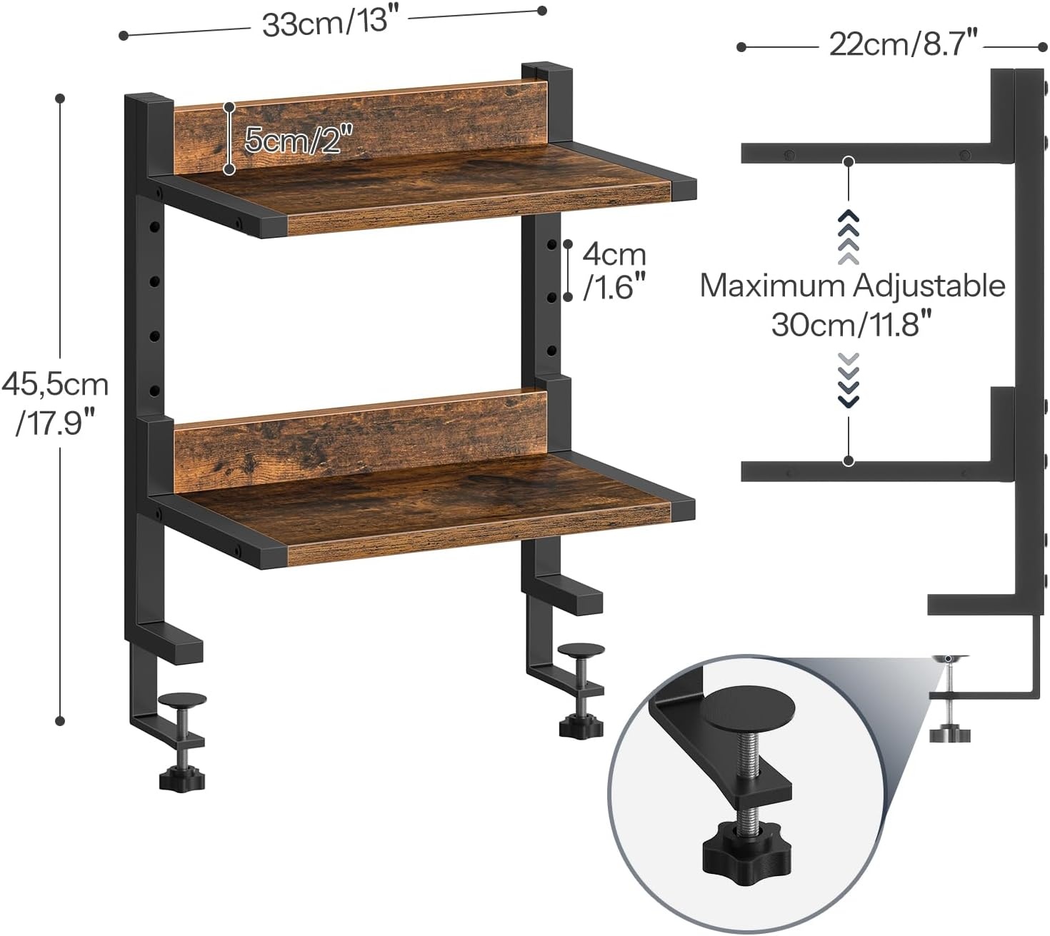 image:imageHOOBRO Clamp On Desk Shelf 2Tier Desktop Organizer SpaceSaving Desk Shelf with Adjustable Shelves for Office Study Entertainment Accessories Rustic Brown and Black BF32SJ01Rustic Brown Black