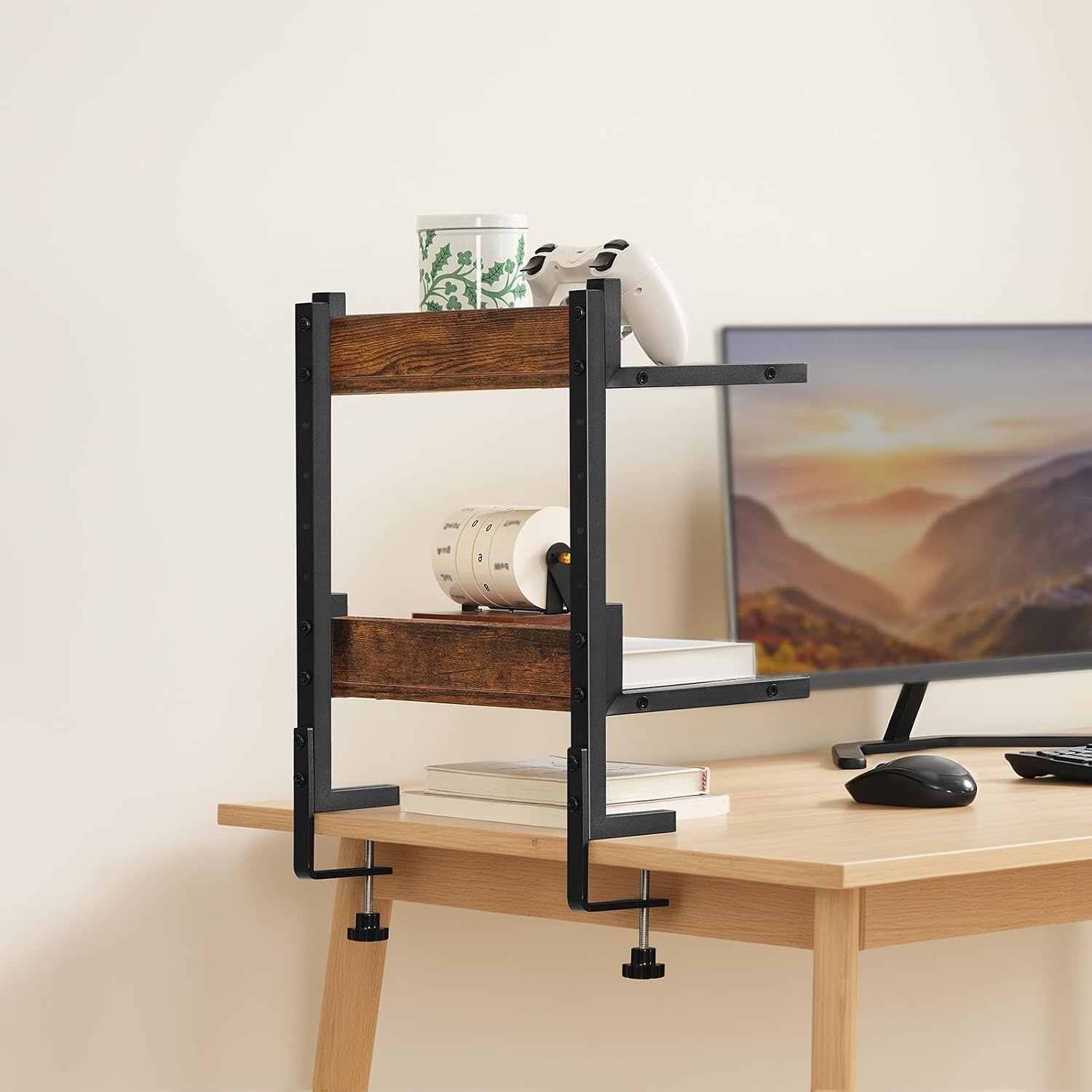 image:imageHOOBRO Clamp On Desk Shelf 2Tier Desktop Organizer SpaceSaving Desk Shelf with Adjustable Shelves for Office Study Entertainment Accessories Rustic Brown and Black BF32SJ01Rustic Brown Black