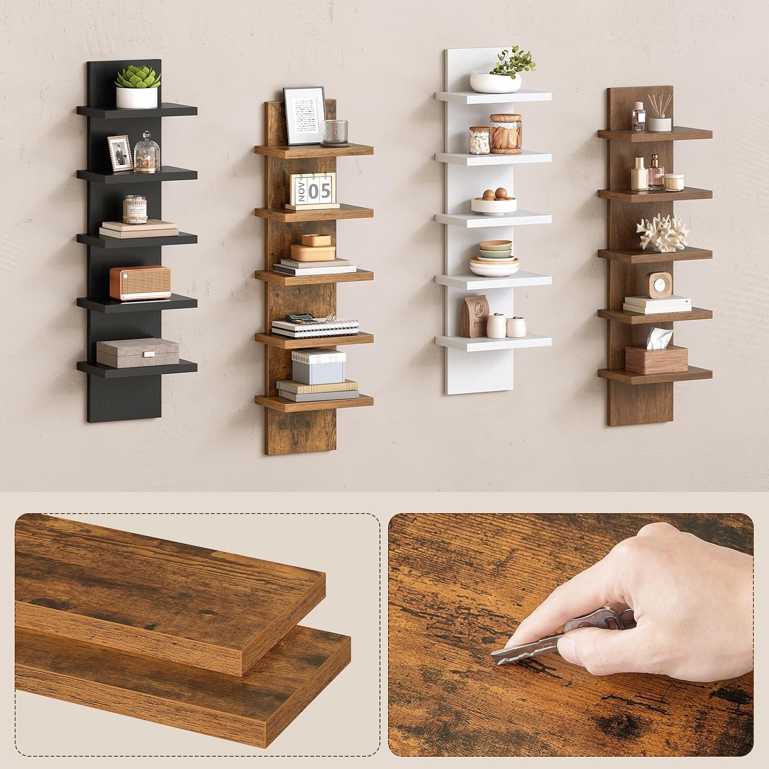 image:imageHOOBRO 5 Tier Wall Shelf Unit for Storage 2 Pack Floating Shelves for WallRustic Brown
