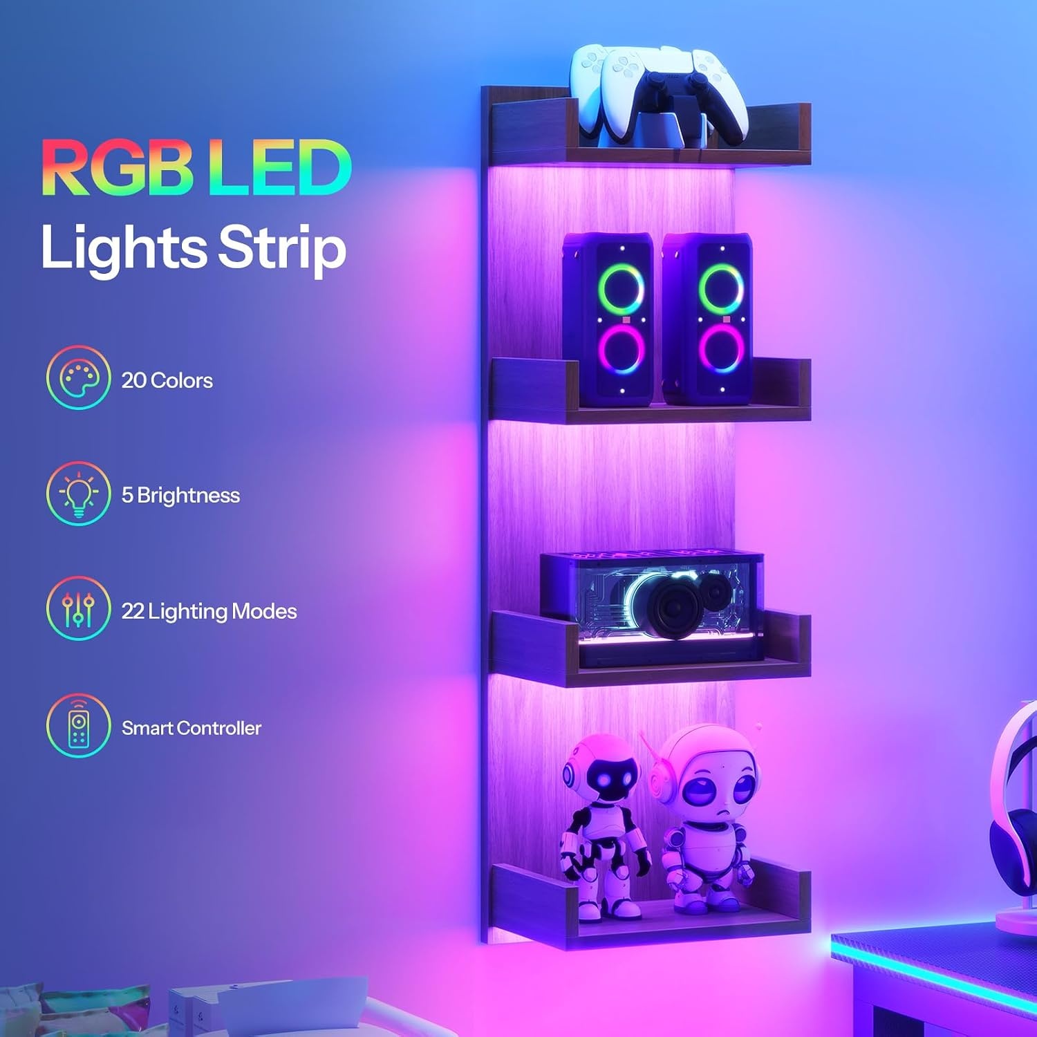 image:imageHOOBRO Floating Wall Shelves with LED Lights Floating Shelf Wall MountedWalnut