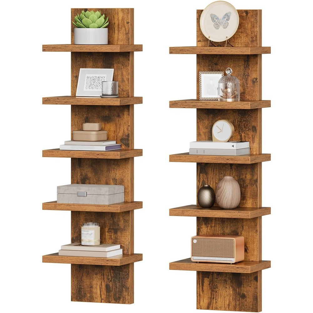 image:imageHOOBRO 5 Tier Wall Shelf Unit for Storage 2 Pack Floating Shelves for WallRustic Brown