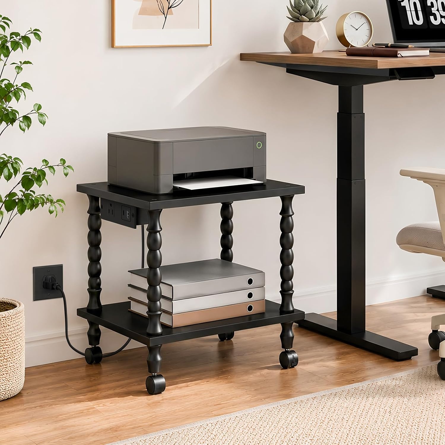image:imageHOOBRO 2Tier Printer Stand Solid Wood LegsBlack