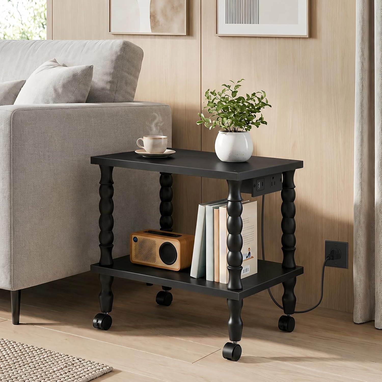 image:imageHOOBRO 2Tier Printer Stand Solid Wood LegsBlack