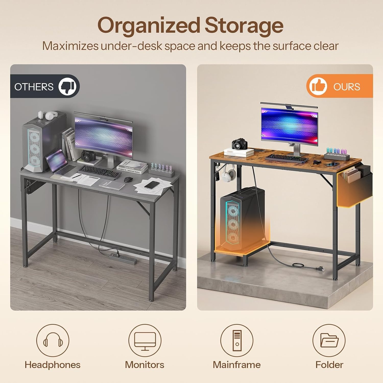 image:imageHOOBRO Small Gaming Desk Computer Desk with Charging Station BlackRustic Brown