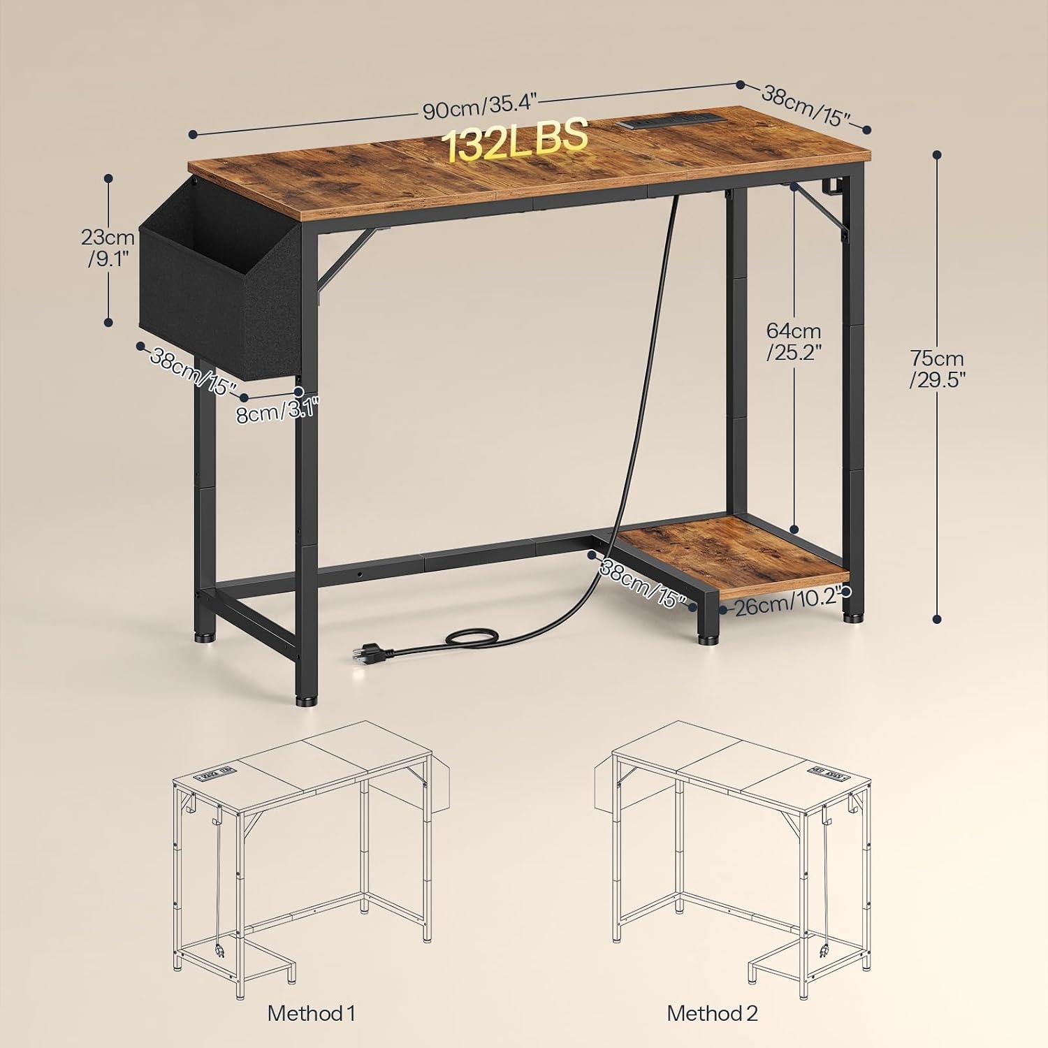 image:imageHOOBRO Small Gaming Desk Computer Desk with Charging Station BlackRustic Brown