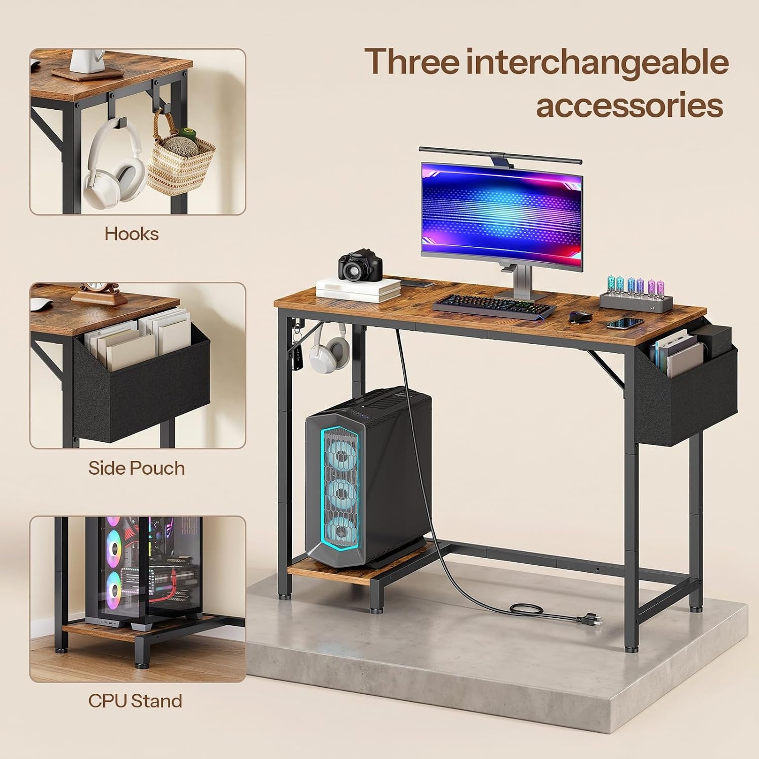 image:imageHOOBRO Small Gaming Desk Computer Desk with Charging Station BlackRustic Brown