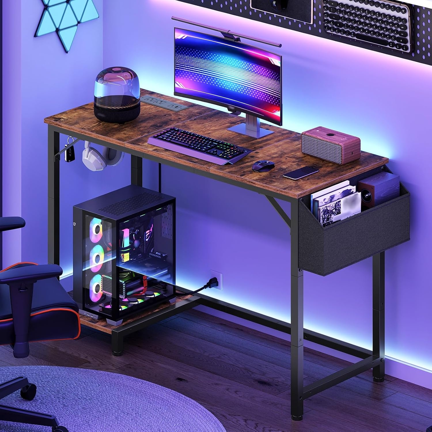 image:imageHOOBRO Small Gaming Desk Computer Desk with Charging Station BlackRustic Brown
