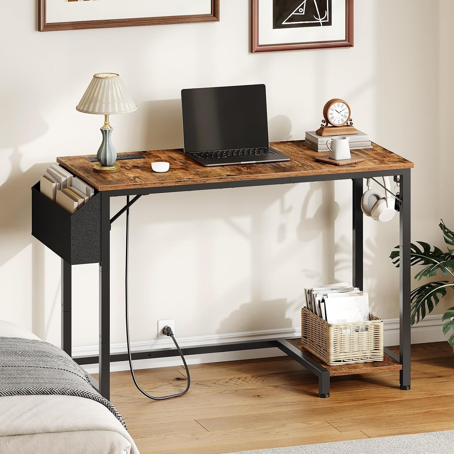 image:imageHOOBRO Small Gaming Desk Computer Desk with Charging Station BlackRustic Brown