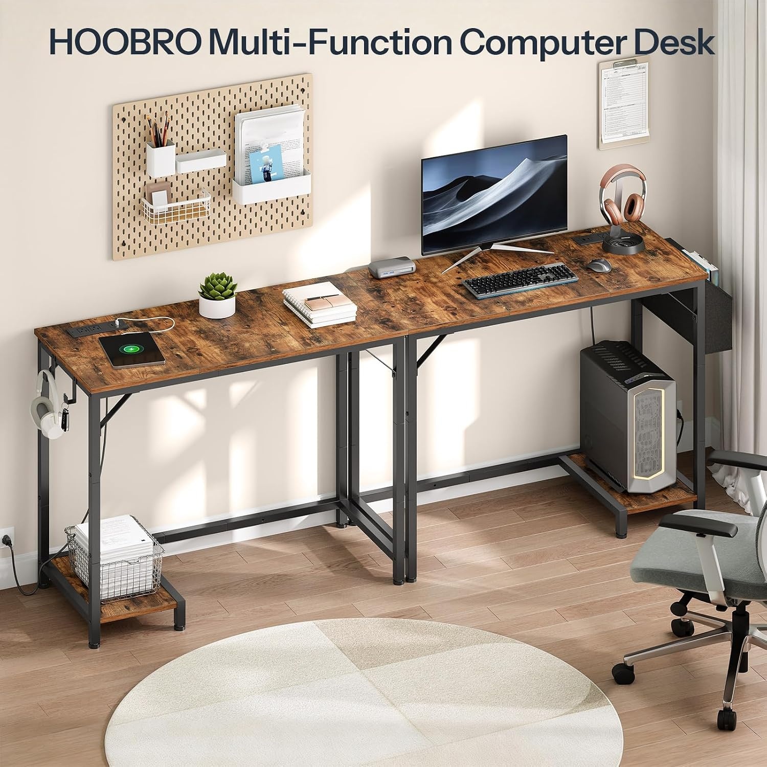 image:imageHOOBRO Small Gaming Desk Computer Desk with Charging Station BlackRustic Brown