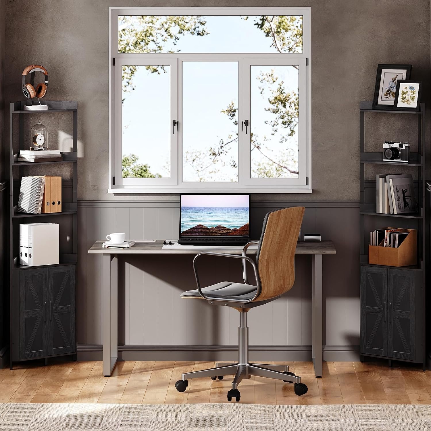 image:imageHOOBRO Corner Shelf with Storage Tall Corner Cabinet 5Tier Bookshelf Stand Storage Cabinet with Protective Fence for Living Room Rustic Brown and Black BF78CJ01Black