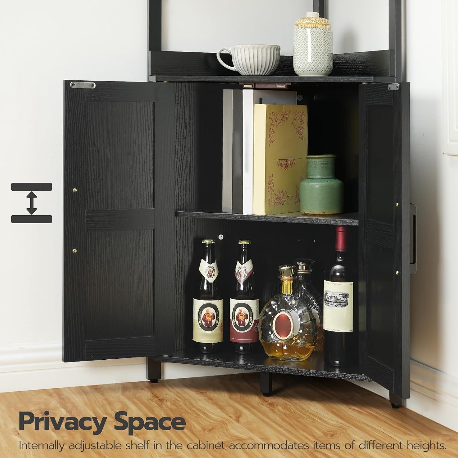 image:imageHOOBRO Corner Shelf with Storage Tall Corner Cabinet 5Tier Bookshelf Stand Storage Cabinet with Protective Fence for Living Room Rustic Brown and Black BF78CJ01Black