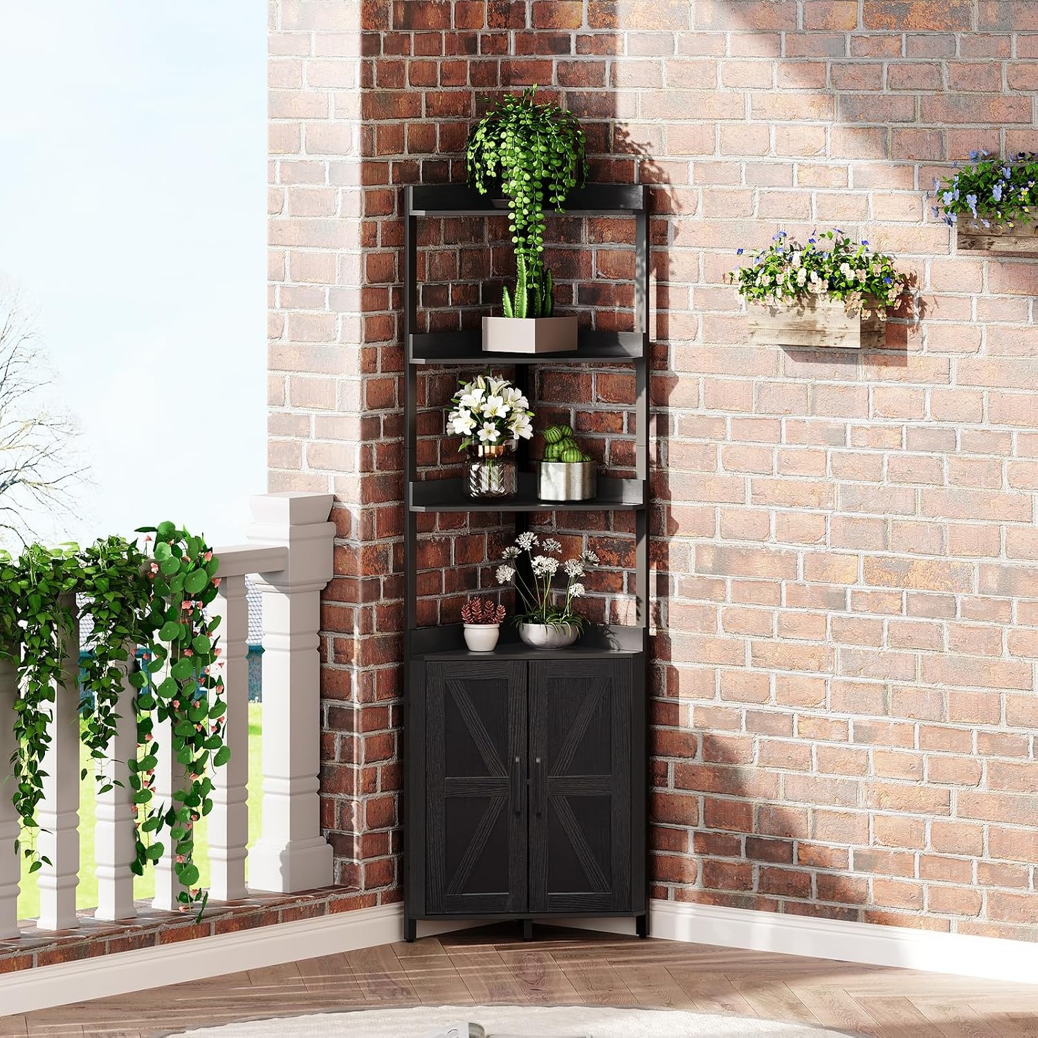 image:imageHOOBRO Corner Shelf with Storage Tall Corner Cabinet 5Tier Bookshelf Stand Storage Cabinet with Protective Fence for Living Room Rustic Brown and Black BF78CJ01Black
