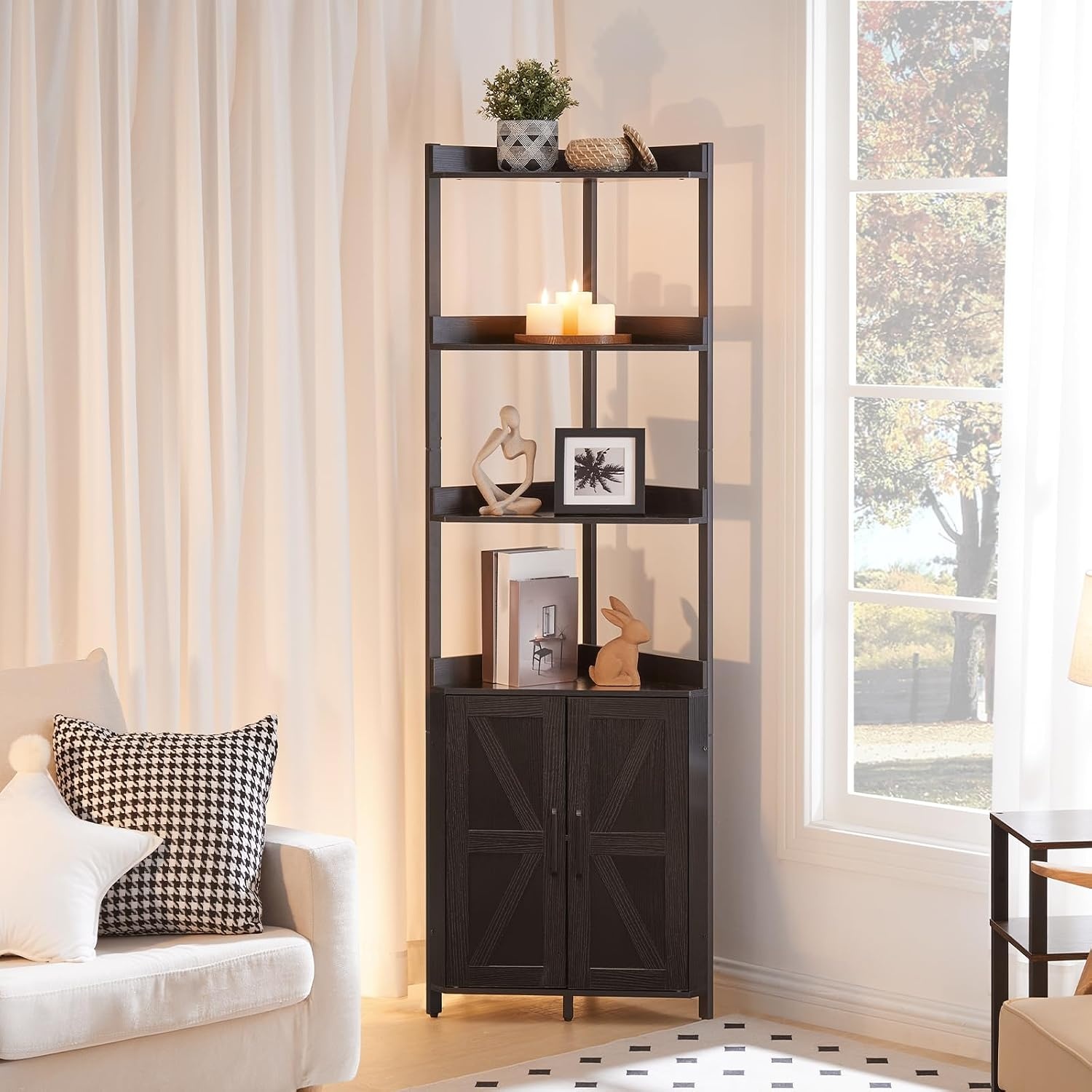image:imageHOOBRO Corner Shelf with Storage Tall Corner Cabinet 5Tier Bookshelf Stand Storage Cabinet with Protective Fence for Living Room Rustic Brown and Black BF78CJ01Black