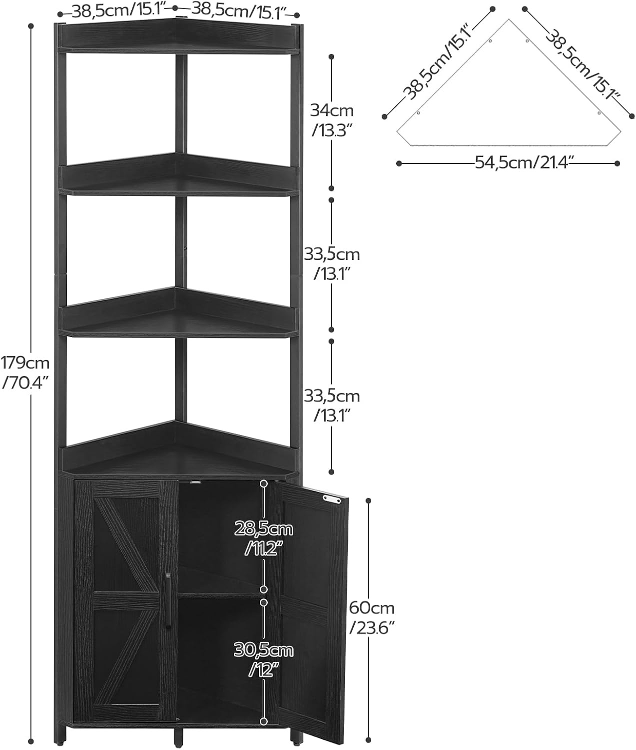 image:imageHOOBRO Corner Shelf with Storage Tall Corner Cabinet 5Tier Bookshelf Stand Storage Cabinet with Protective Fence for Living Room Rustic Brown and Black BF78CJ01Black